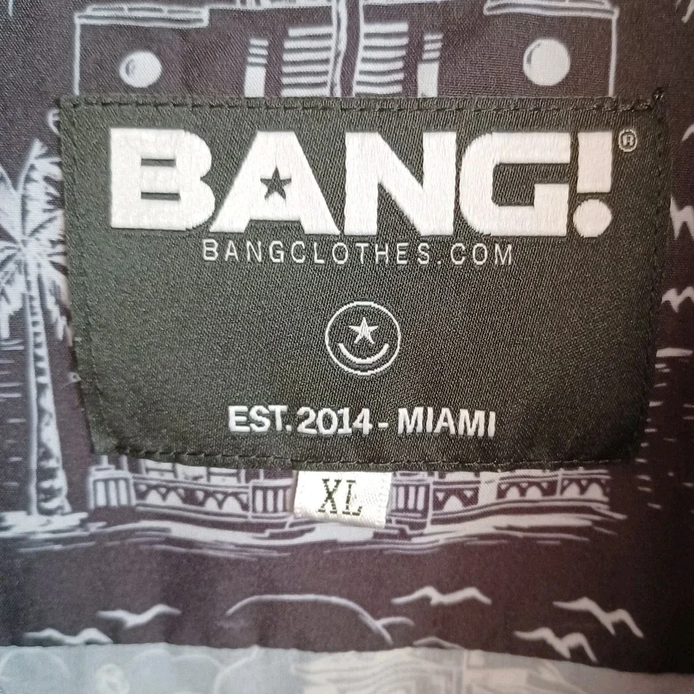 Bang! Miami Men‎ XL Stretch Shirt Toile Pattern Black Street Wear Beach Clubbing